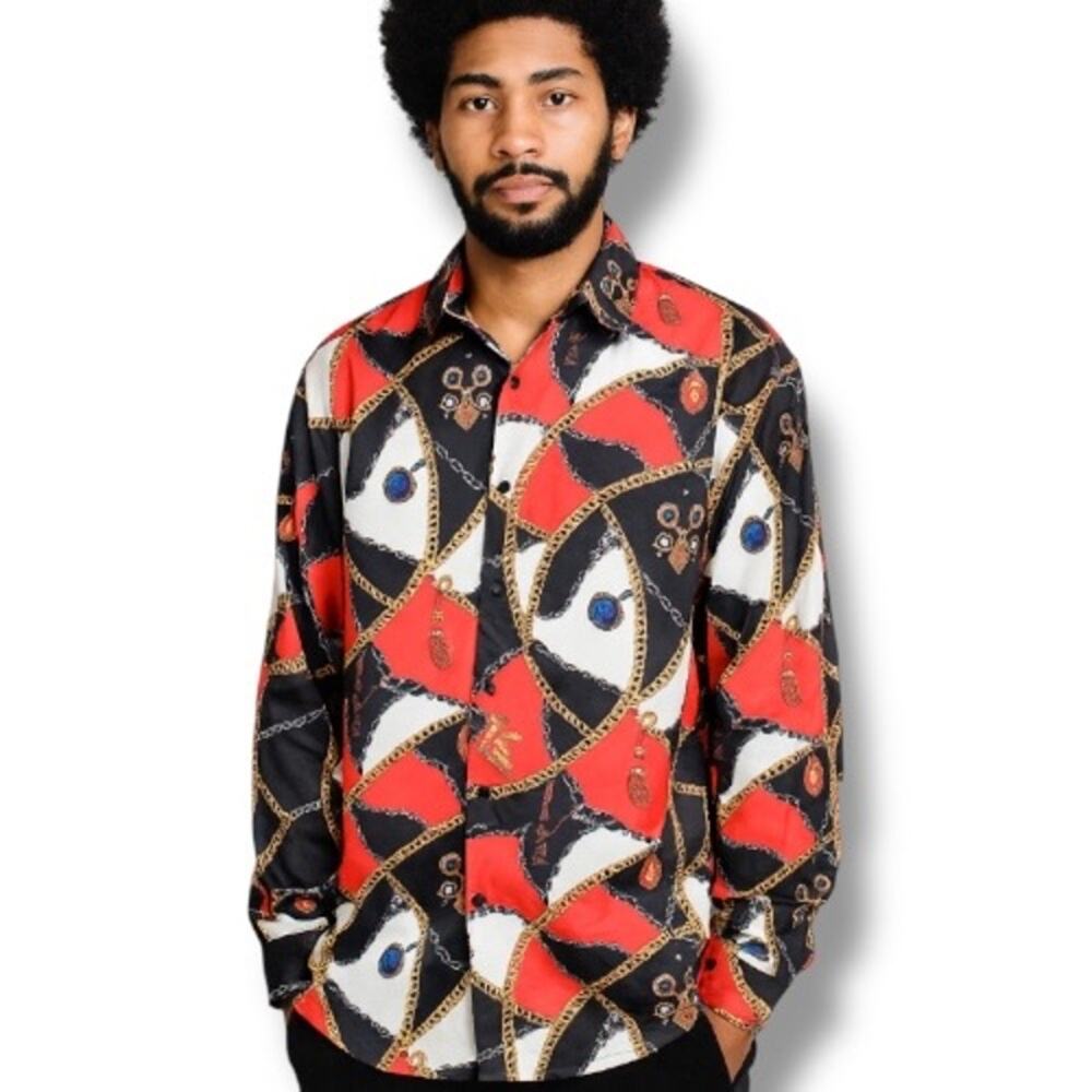 Moderno Baroque Chain Print Shirt Red Black Gold Jewel Pattern Button Down NWT